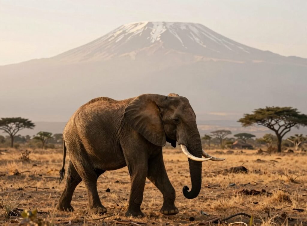 Elephant in Amboseli with Mount Kilimanjaro behind