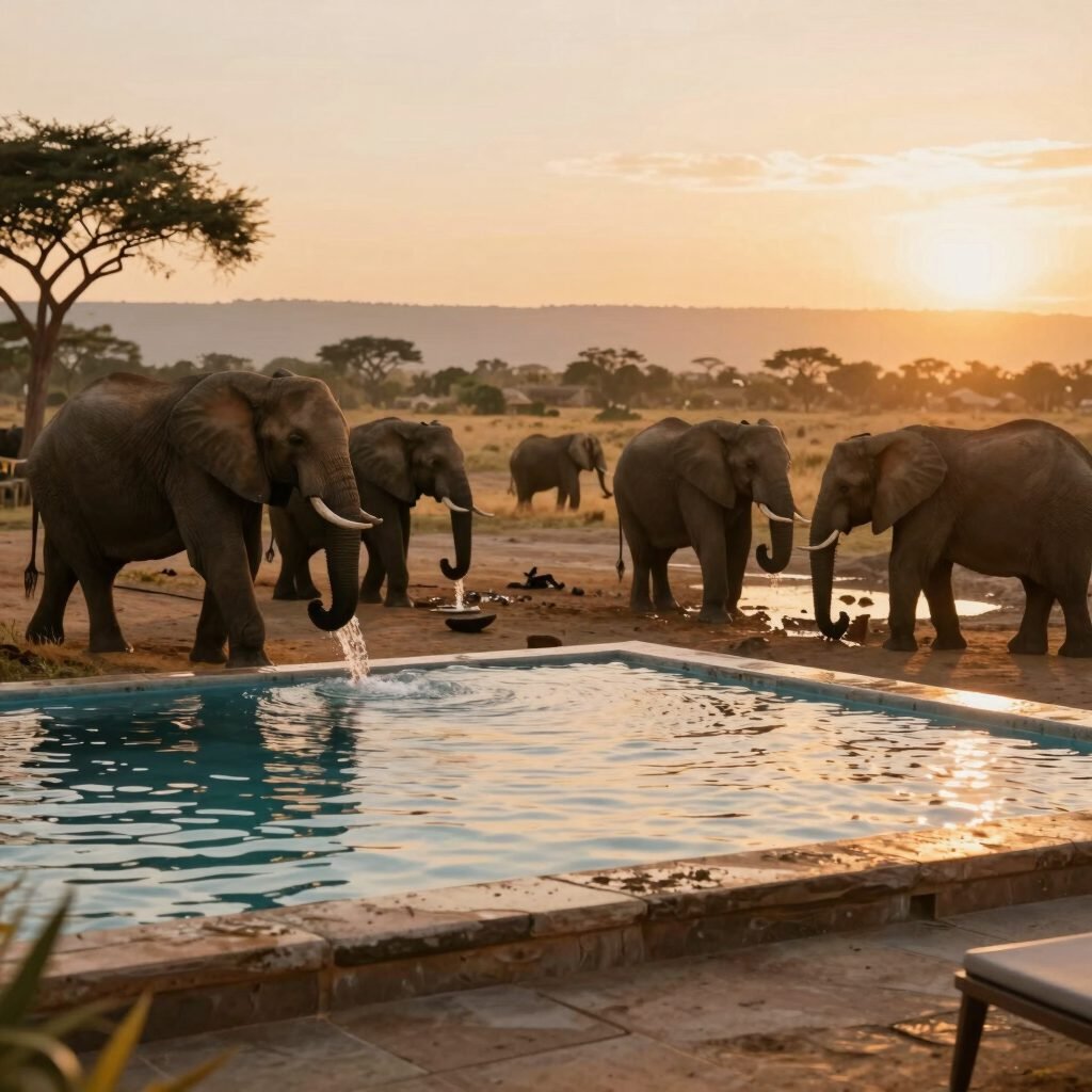 Elephants drinking at a waterhole beside a safari lodge pool