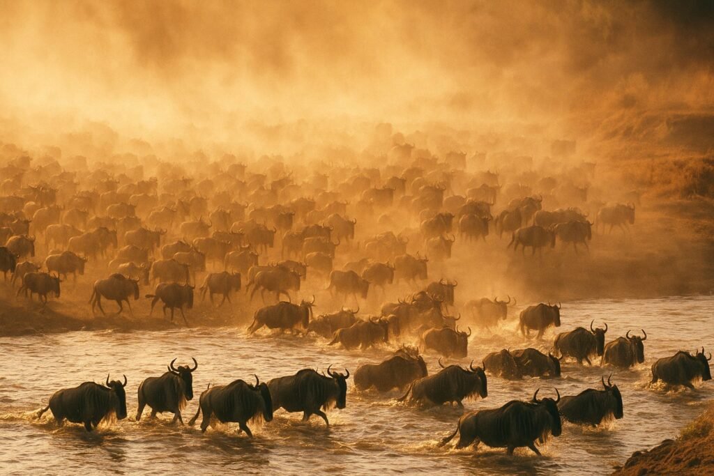 Wildebeest herds crossing during the Great Migration in the Masai Mara