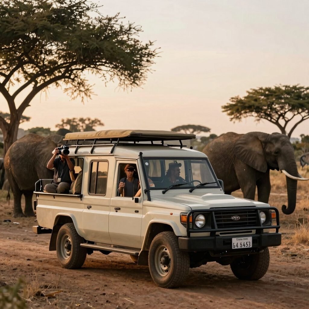 Land Cruiser safari vehicle with guests watching elephants
