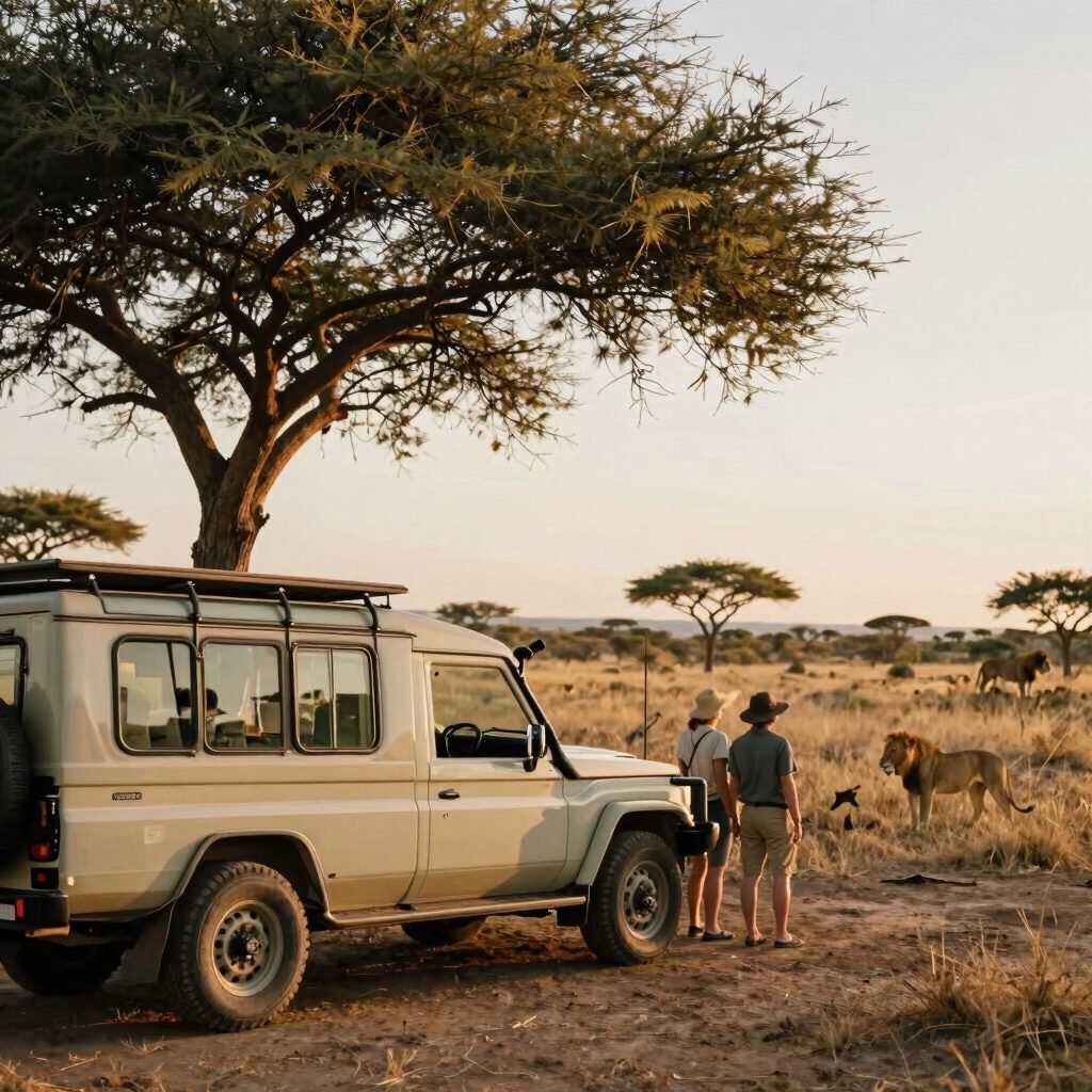 Safari guests beside a Land Cruiser with pop-up roof watching wildlife