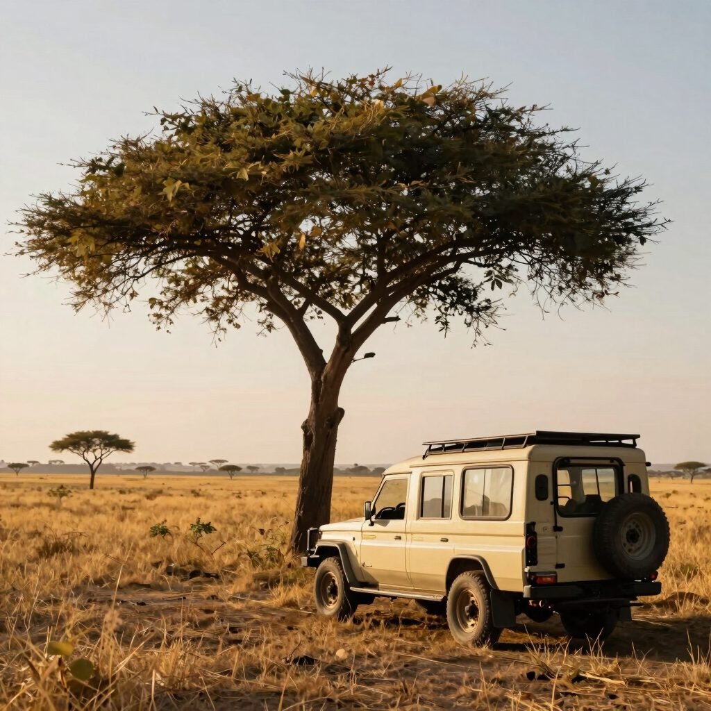 Land Cruiser safari vehicle under an acacia tree on the savanna