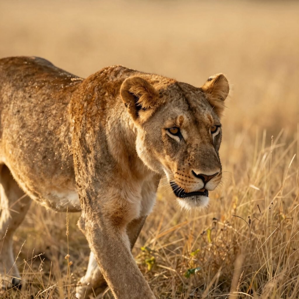 Lioness walking through golden grass