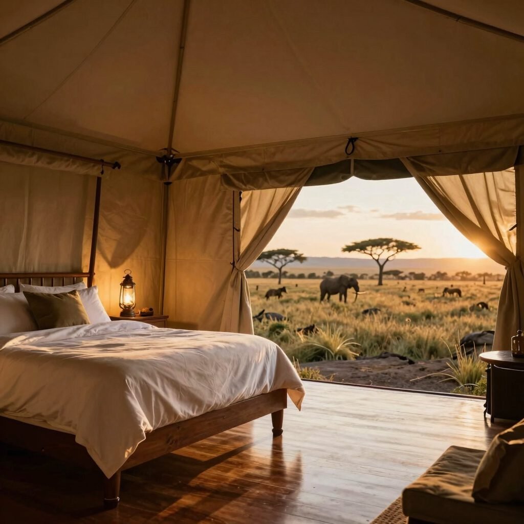 Tented camp suite looking out over elephants on the plains