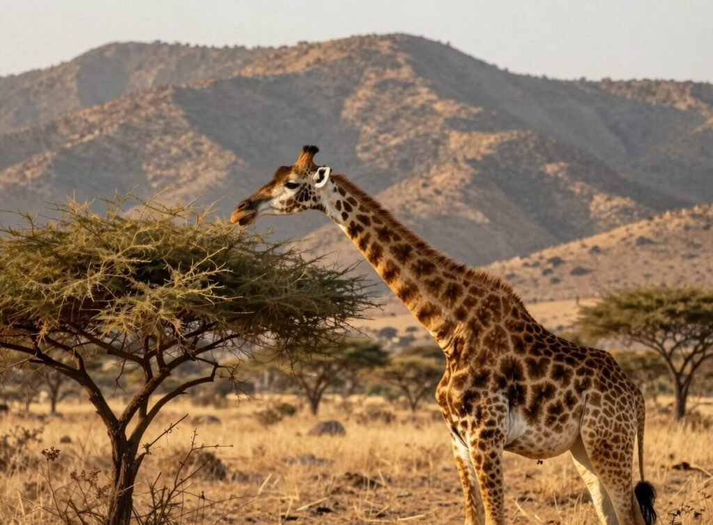 Reticulated giraffe feeding on acacia in Samburu